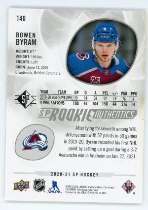 2020-21 SP #140 Bowen Byram Rookie Card /1299 back