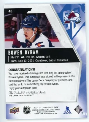 2021-22 SPx #46 Bowen Byram Autograph back