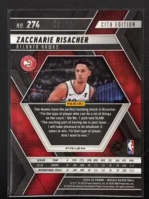 Zaccharie Risacher Official 2024-25 Panini Mosaic Pink Prizm Rookie Card back