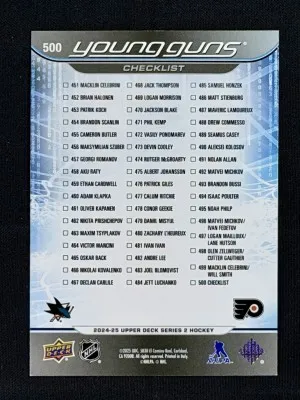 2024 Young Guns Checklist Celebrini Michkov back