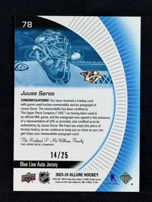 2023 Allure Blue Line Jersey Auto Jussi Saros (14/25) back