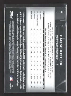 2026 Topps Chrome Black Cam Schlittler #98 Purple RC 07/15 back