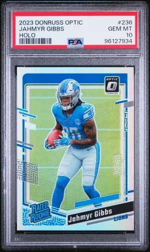 2023 Panini Donruss Optic Jahmyr Gibbs Holo PSA 10 front