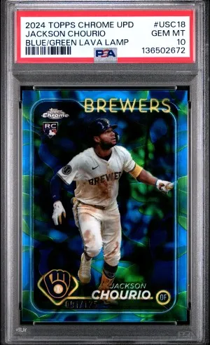 Jackson Chourio (Brewers) 2024 Topps Chrome Update Blue/Green Lava Lamp 091/125 #USC18 PSA GEM MT 10 front