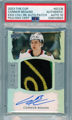 2023-24 The Cup Exquisite Rookie Auto Patch /98 Connor Bedard PSA Auto 10 front