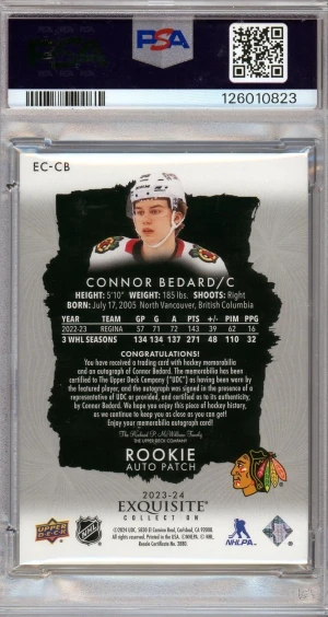 2023-24 The Cup Exquisite Rookie Auto Patch /98 Connor Bedard PSA Auto 10 back