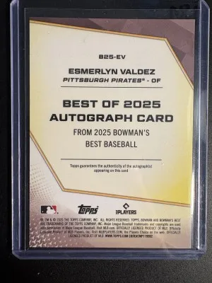 Esmerlyn Valdez 2025 Bowman's Best Purple Refractor AUTO /75 RC Pirates On-Card back