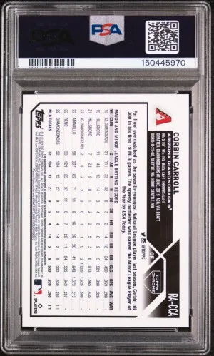 PSA 10 2023 Topps Chrome Rookie Autograph Corbin Carroll Rookie Autograph-Blue Ref back
