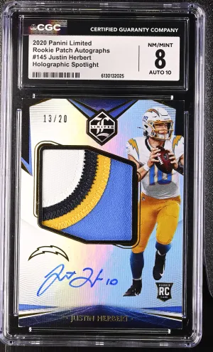 2020 Panini Limited Rookie Patch Autographs #145 Justin Herbert CGC 8 front
