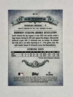 2026 Bowman Jacob Misiorowski #BST-13 Sterling Mojo Refractors Milwaukee Brewers back