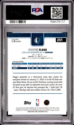 2025 Topps Chrome - Cooper Flagg #251 Mavericks PSA 8 back