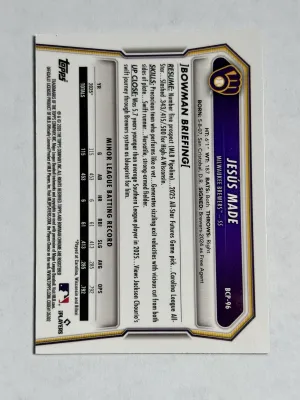 2026 Bowman Jesús Made #BCP-96 Green Refractor #/99 Milwaukee Brewers back