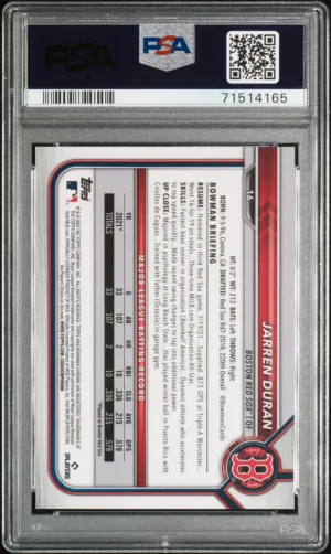 2022 Bowman Chrome X Jarren Duran Gold X-fractor 1/1 PSA 10 back