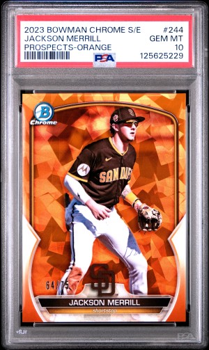 Jackson Merrill (Padres) 2023 Bowman Chrome Sapphire Edition Prospects-Orange 64/75 #244 PSA GEM MT 10 front