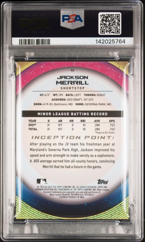 Jackson Merrill (Padres) 2022 Bowman Inception Fuchsia Foil 56/75 #43 PSA GEM MT 10 back