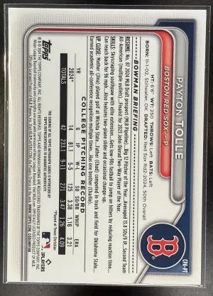 2024 1st Bowman Draft Payton Tolle Auto #CPA-PT Boston Red Sox back
