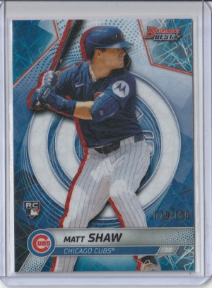 2025 Bowman's Best Blue Lazer Refractor Matt Shaw Rookie 079/150 front