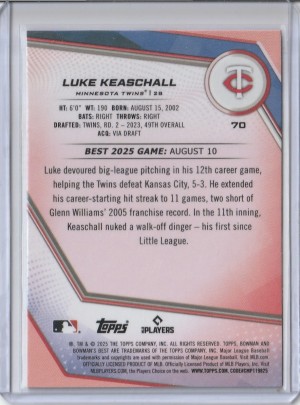 2025 Bowman's Best Purple Lazer Refractor Luke Keaschall Rookie 050/250 back