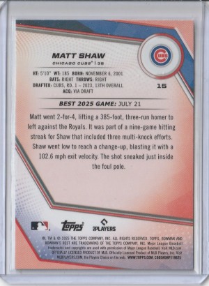 2025 Bowman's Best Blue Lazer Refractor Matt Shaw Rookie 079/150 back
