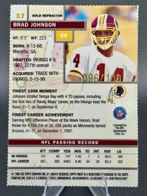1999 Finest Gold Refractors #17 Brad Johnson /100 Washington Redskins RARE back