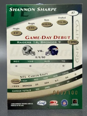 2000 Quantum Leaf Infinity Green /100 Shannon Sharpe #87 HOF back
