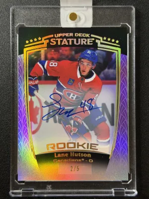 2024-25 Upper Deck Stature Lane Hutson Rookie Auto Purple /5 #50