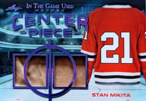 🔥#/15 STAN MIKITA DUAL JERSEY 2020-21 Leaf In the Game Used CENTER PIECE ITG🔥