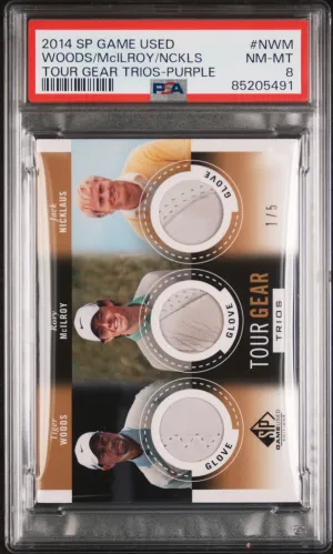 2014 SP Game Used Tour Gear Trios Purple Woods/McIlroy/Nicklaus 1/5 PSA 8