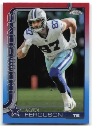 Jake Ferguson 2025 Topps Chrome Red White and Blue Refractor Dallas Cowboys