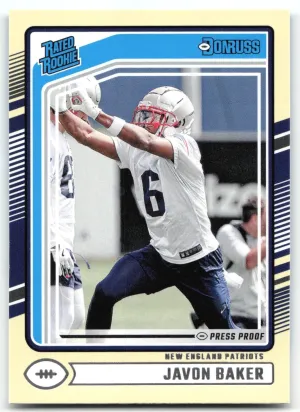 Javon Baker RC 2024 Donruss Press Proof Yellow Patriots