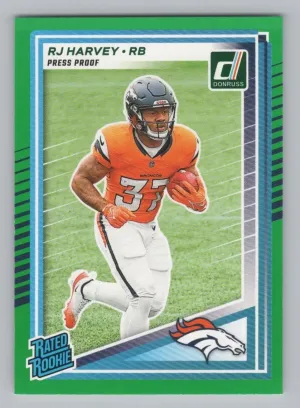 RJ Harvey Rookie 2025 Donruss Press Proofs Green Denver Broncos