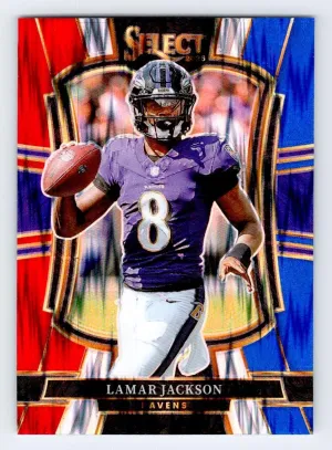 Lamar Jackson 2025 Panini Select Red and Blue Prizm Shock Baltimore Ravens