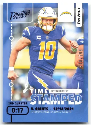 Justin Herbert 2022 Panini Prestige Time Stamped Xtra Points Blue #/299 Chargers