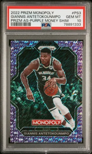 2022 Panini Prizm Monopoly Prizm All-Stars Giannis Antetokounmpo Prizm As-purple Money Shim PSA 10 #PS3