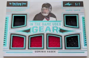 🔥#/7 DOMINIK HASEK 6 RELICS 2020-21 LEAF IN THE GAME USED JERSEY ITG GEAR SABRE