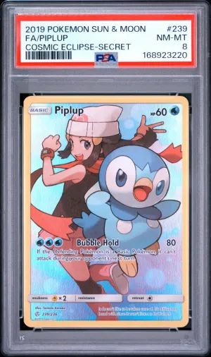 2019 Pokemon Sun & Moon Cosmic Eclipse Full Art Piplup Secret #239 PSA 8