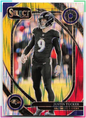 Justin Tucker 2024 Panini Select Red & Yellow Prizm Shock Ravens