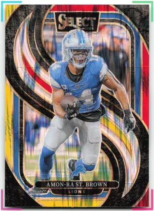 Amon-Ra St. Brown 2024 Panini Select Red & Yellow Prizm Shock Lions