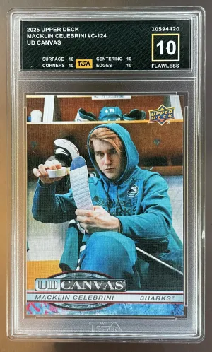 2025-26 Upper Deck Series 2 Macklin Celebrini UD Canvas #C-124 Sharks TGA 10 FLAWLESS