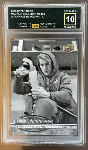 2025-26 Upper Deck Series 2 Macklin Celebrini UD Canvas Black And White #C-124 TGA 10 FLAWLESS