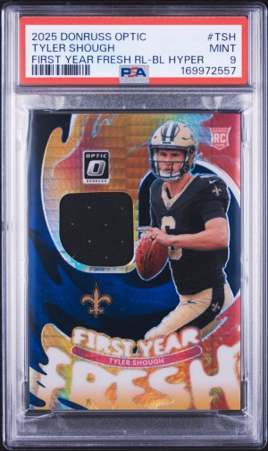 2025 Panini Donruss Optic First Year Fresh Relics Tyler Shough First Year Fresh Rl-Bl Hyper PSA 9
