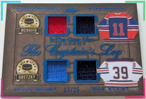 🔥#/25 MCDAVID GRETZKY MESSIER QUAD RELICS 2020-21 LEAF IN GAME USED ITG CAPTAIN