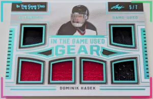 🔥#/7 DOMINIK HASEK 6 RELICS 2020-21 LEAF IN THE GAME USED JERSEY ITG GEAR SABRE