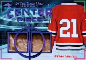 🔥#/15 STAN MIKITA DUAL JERSEY 2020-21 Leaf In the Game Used CENTER PIECE ITG🔥