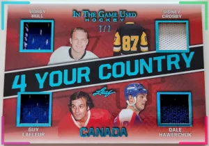🔥#/7 Crosby Hull Lafleur CANADA QUAD RELIC 2020-21 Leaf ITG Used 4 Your Country