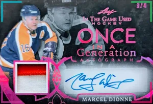 🔥#/4 MARCEL DIONNE AUTOGRAPH RELIC 2020-21 LEAF IN THE GAME USED ITG ONCE IN A