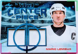 🔥#/35 MARIO LEMIEUX DUAL JERSEY 2020-21 Leaf In the Game Used CENTER PIECE ITG
