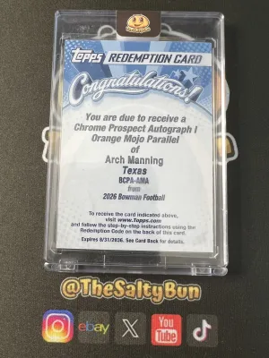 2026 Topps Bowman Chrome Arch Manning Auto Orange Mojo /25 Redemption