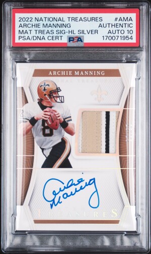 2022 Panini National Treasures Material Treasures Signature Archie Manning Mat Treas Sig-Hl Silver PSA Authentic 25/25