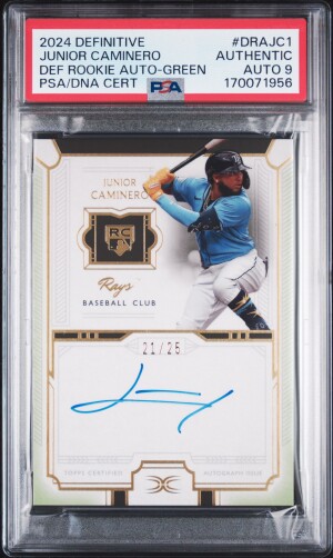 2024 Topps Definitive Collection Definitive Rookie Autographs Junior Caminero Def Rookie Auto-Green PSA Authentic
